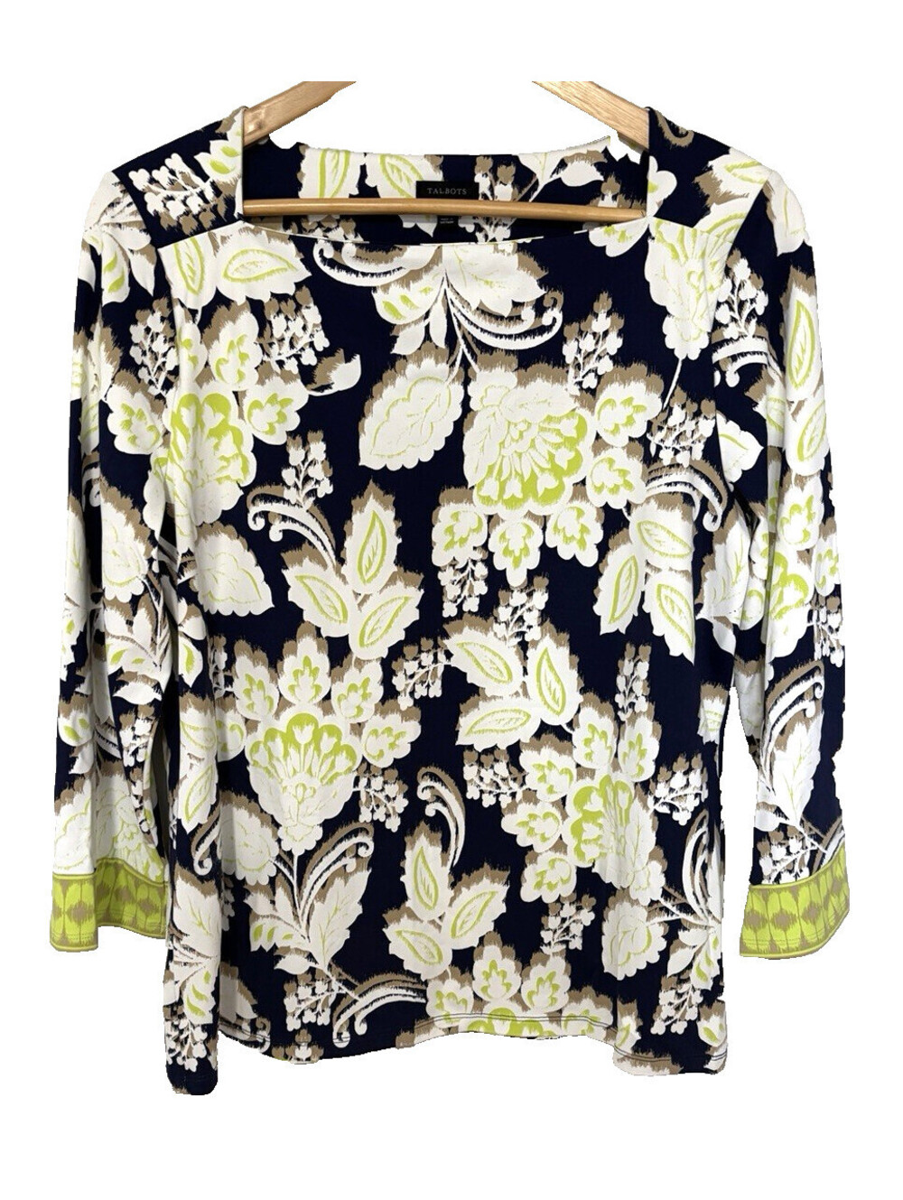 Talbots Lime Green Navy Blue 3/4 Sleeve Square Neck Top Catalina Cloth Large